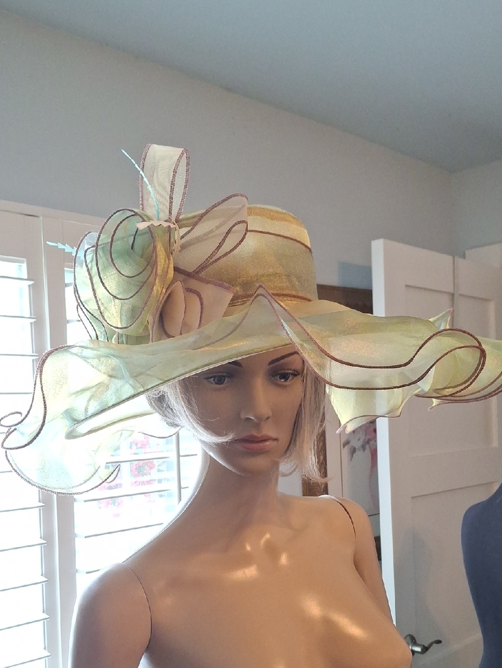 Pastel Green Wide-Brim Organza Floral Occasion Hat